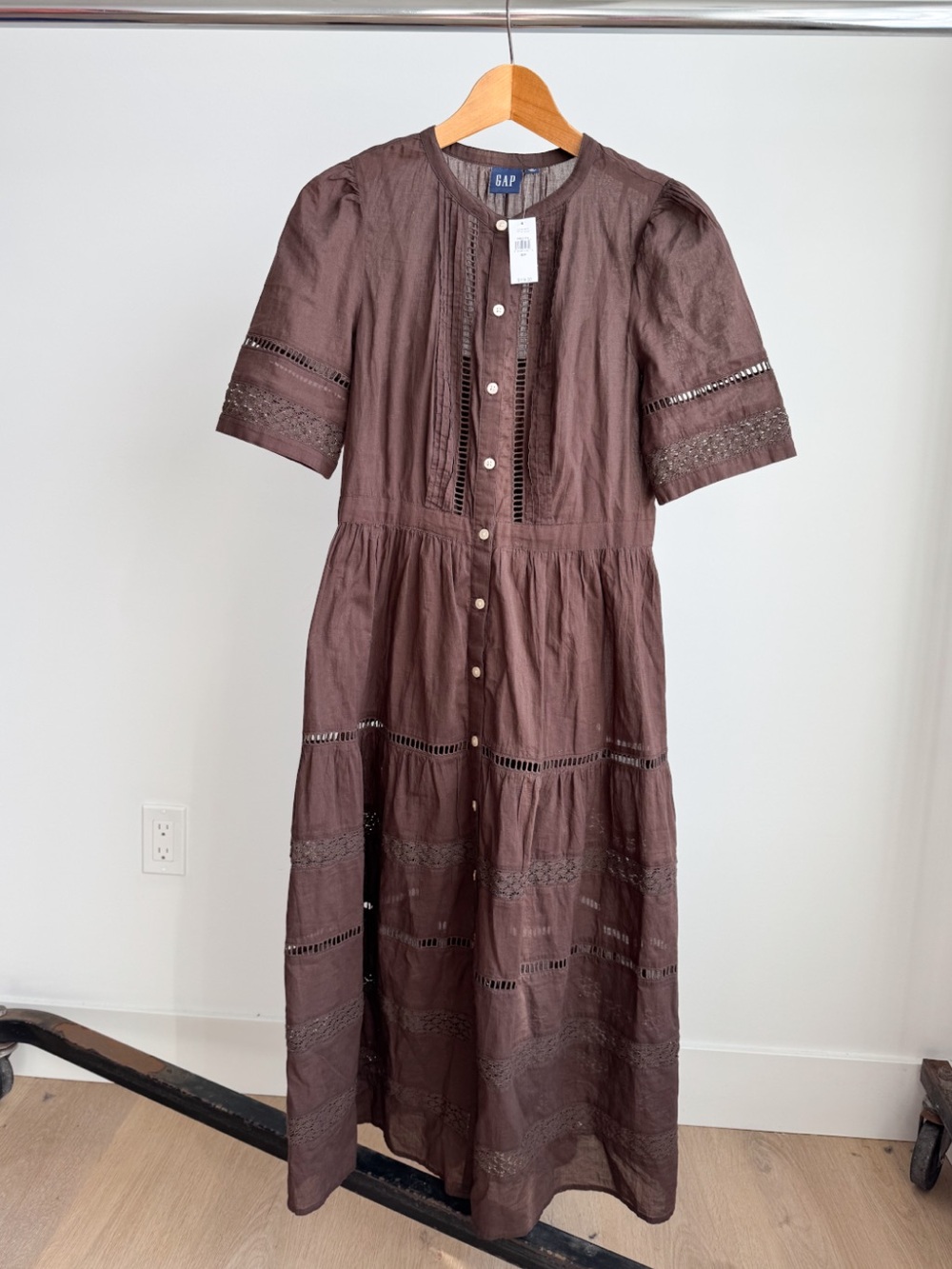 NWT $118 Gap Brown Inset Lace Maxi Dress SS Crochet Style FA22 (S) Boho Festival
